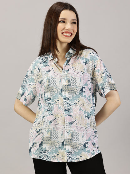 Whimsical Patterned Half-Sleeve Oversized Shirt