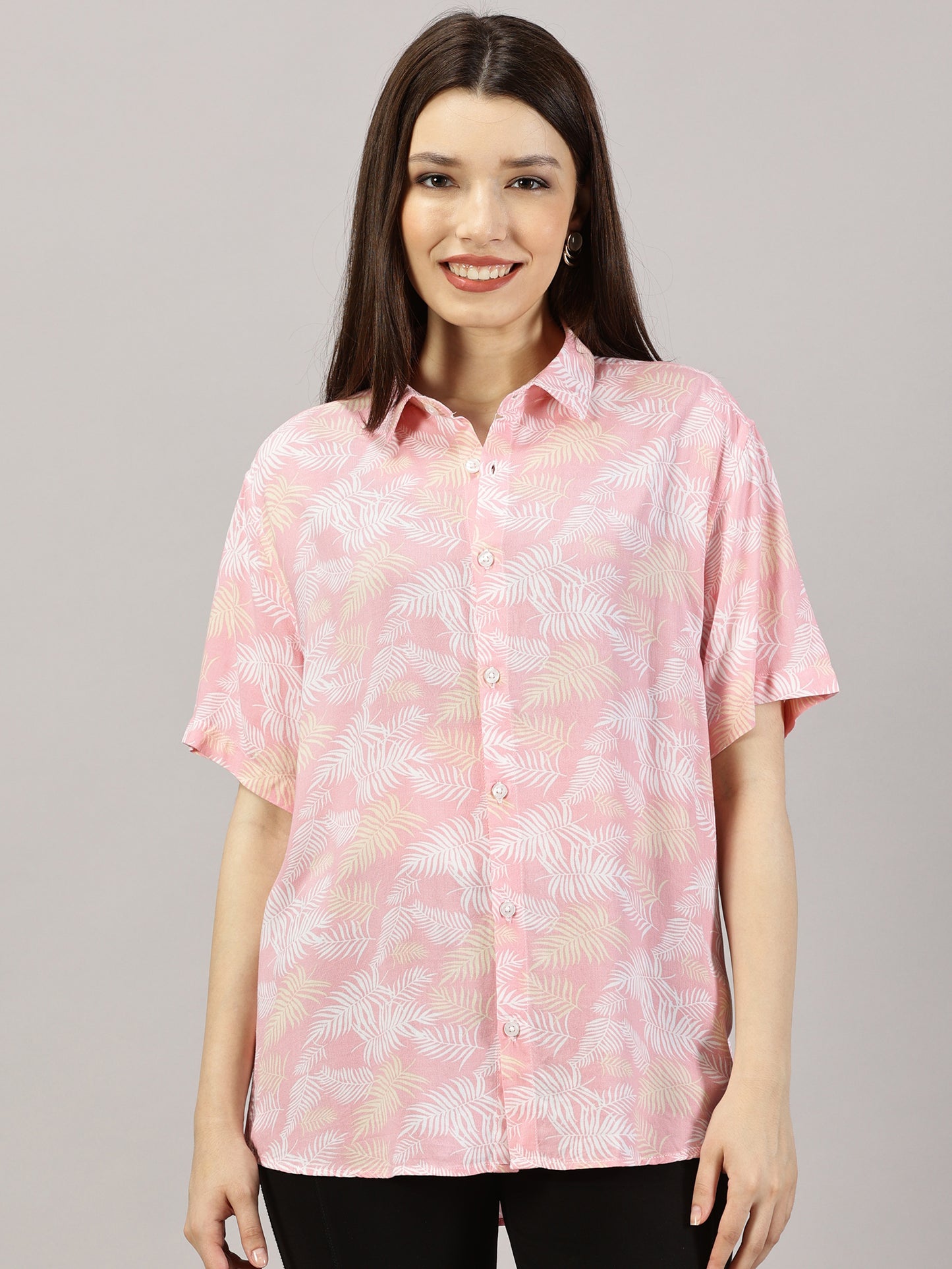 Leafy Pink Half-Sleeve Casual Shirt