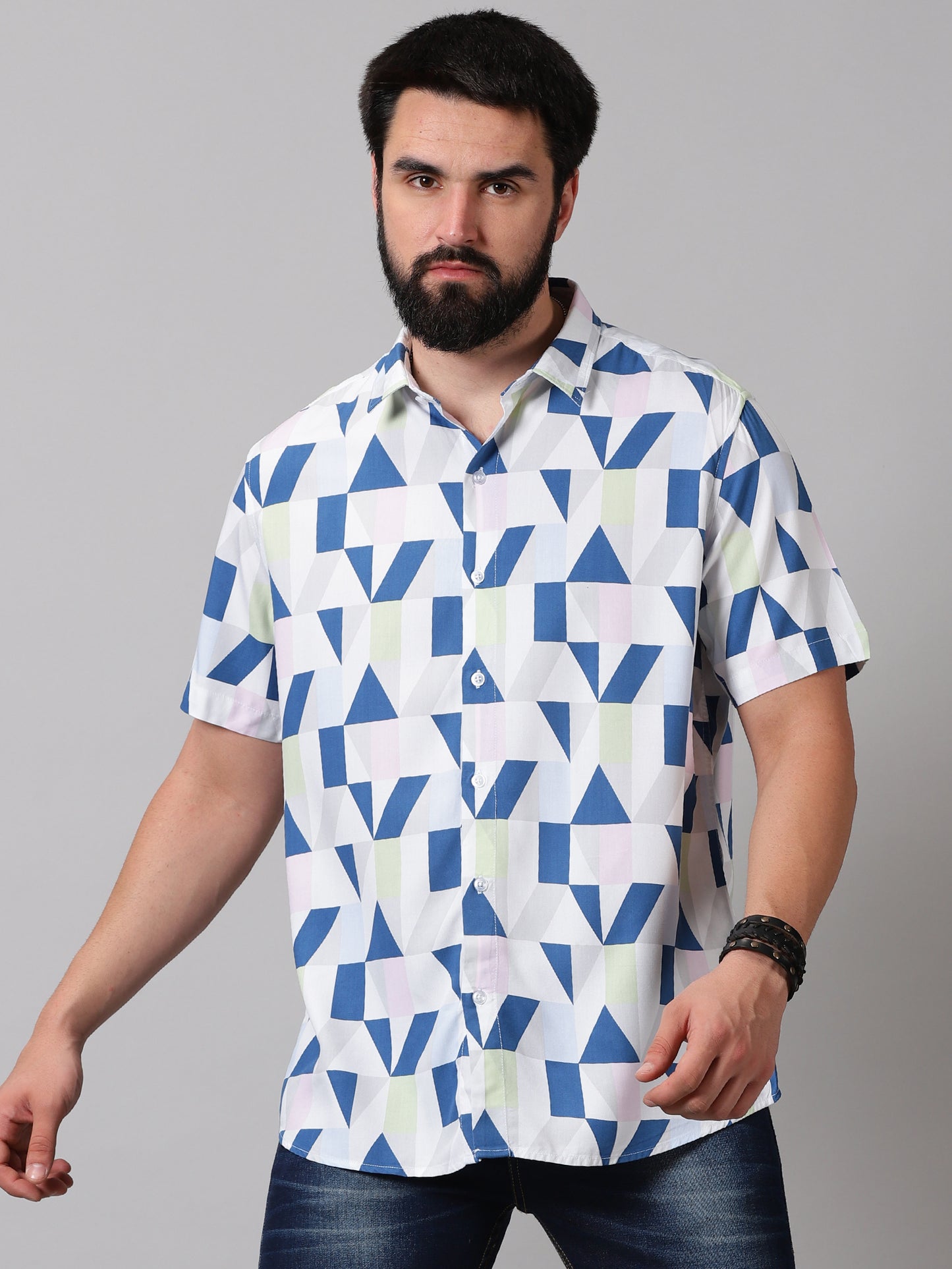 Geometric Grid Half-Sleeve Shirt