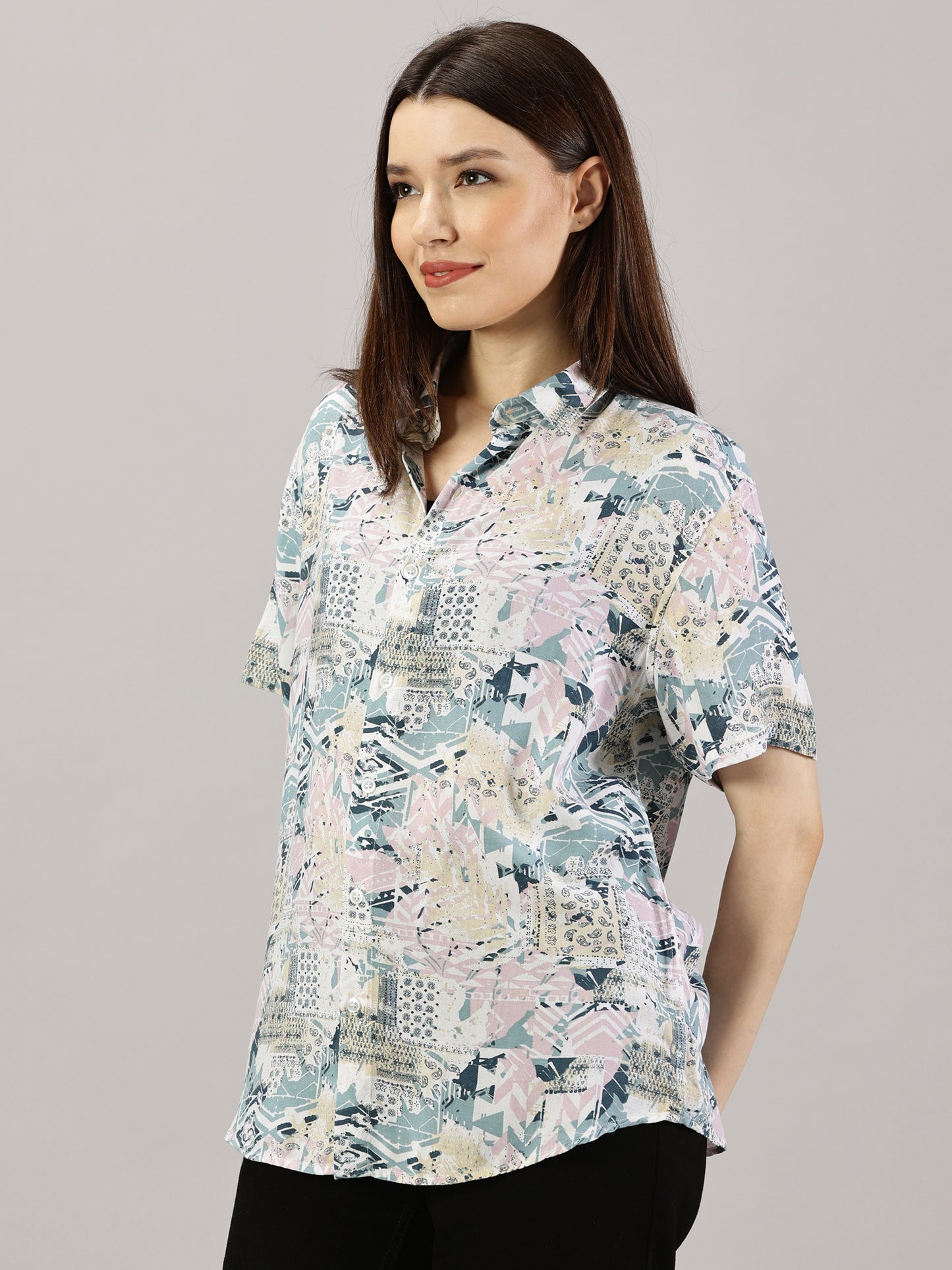 Whimsical Patterned Half-Sleeve Oversized Shirt