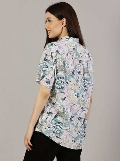 Whimsical Patterned Half-Sleeve Oversized Shirt