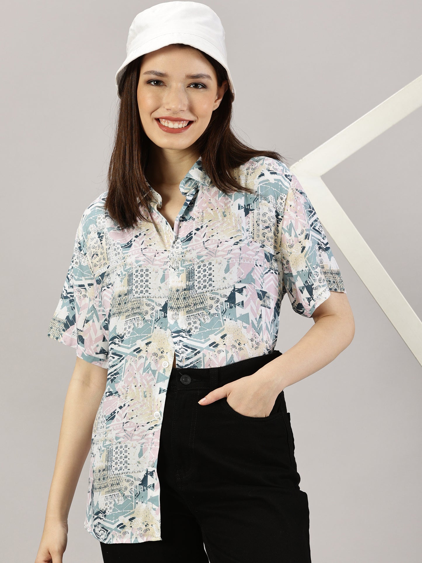 Whimsical Patterned Half-Sleeve Oversized Shirt