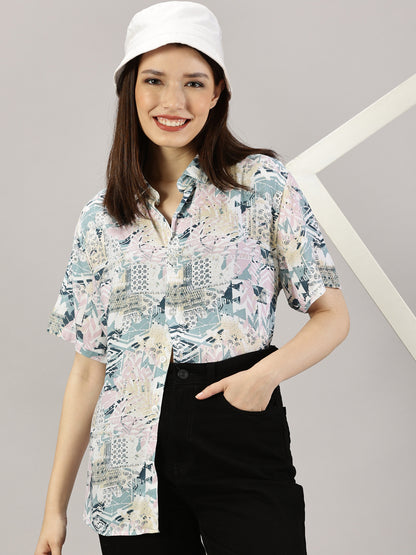 Whimsical Patterned Half-Sleeve Oversized Shirt